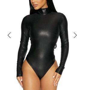 Naked Wardrobe DRIP collection faux liquid leather thong body suit NWT